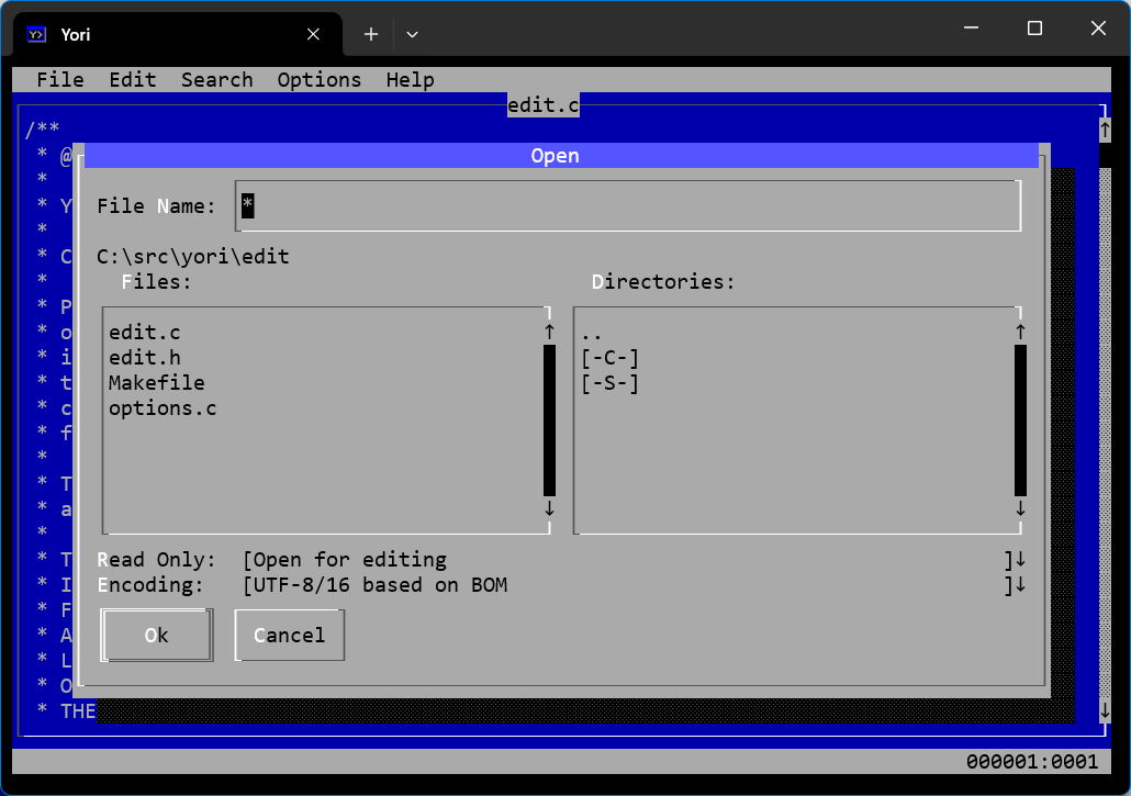 Screenshot of yedit open dialog